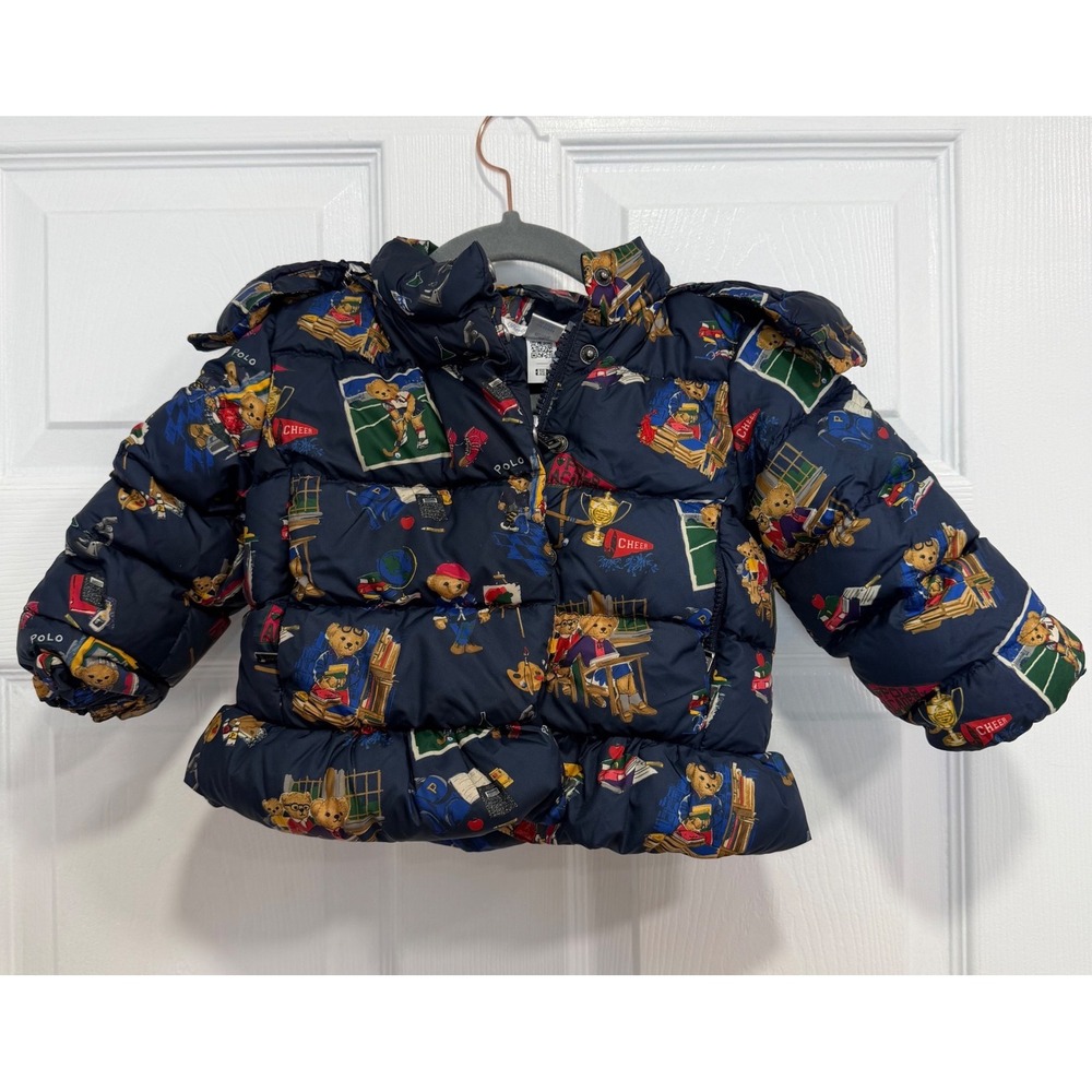 Polo Ralph Lauren Baby 12M Polo Bear Navy Down Puffer Jacket Hooded Ruffle